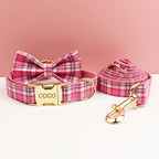 Petspuff Personalised Rose Pink Plaid Dog Collar, Harness & Lead Set – Engraved Name Tag