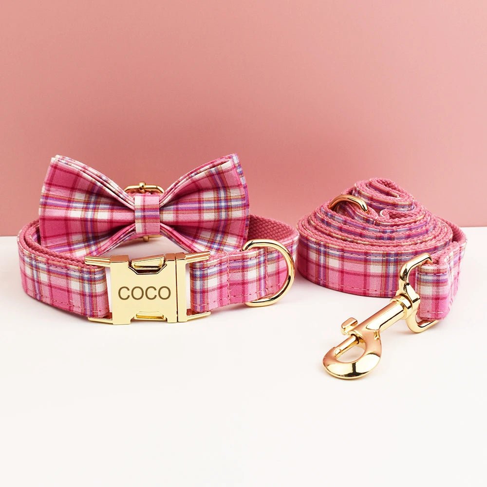 Petspuff Personalised Rose Pink Plaid Dog Collar, Harness & Lead Set – Engraved Name Tag