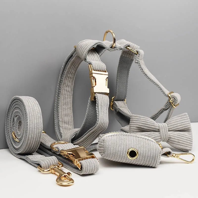 Petspuff Personalised Light Grey Corduroy Dog Collar & Lead Set – Engraved Name Tag, Bow & Harness