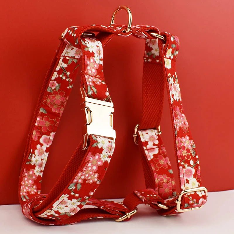 Petspuff Personalised Red Floral Cotton Dog Collar, Harness & Lead Set – Engraved Name Tag, Bow & Flower