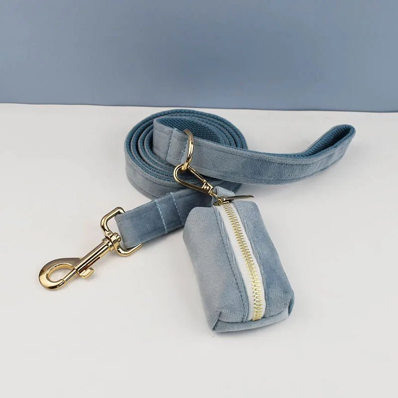 Petspuff Personalised Nordic Blue Velvet Dog Collar & Lead Set – Engraved Name Tag, Bow & Harness