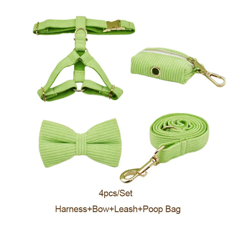 Petspuff Personalised Apple Green Corduroy Dog Collar & Lead Set – Engraved Name Tag, Bow & Harness