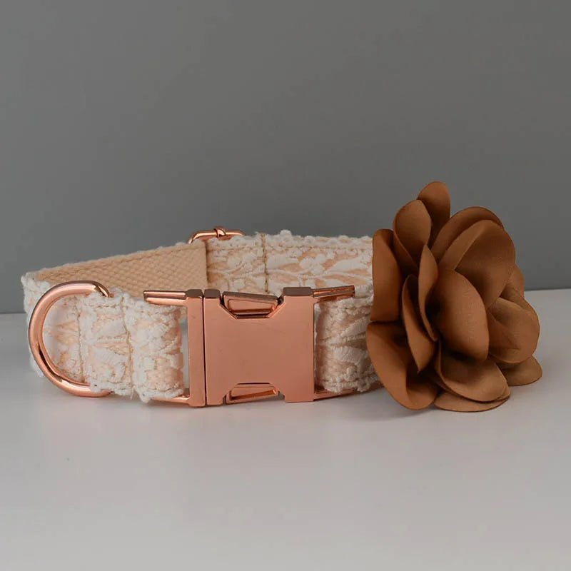 Petspuff Personalised Lace Dog Collar & Lead – Gold or Rose Gold, Engraved Nameplate | Wedding