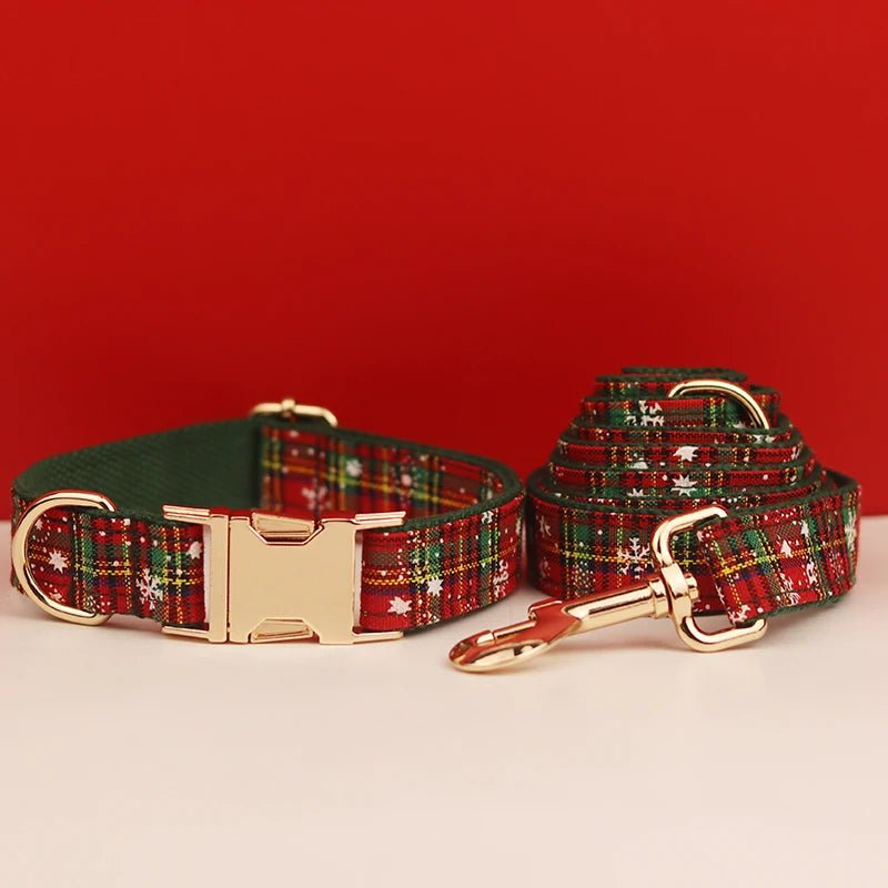 Petspuff Personalised Handmade Knitted Dog Collar, Harness & Lead Set – Engraved Name Tag | Christmas - Petspuff