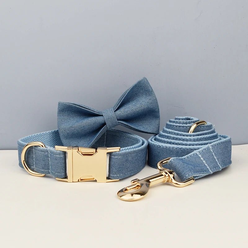 Petspuff Personalised Blue Denim Cotton Dog Collar, Harness & Lead Set – Engraved Name Tag & Bow