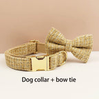 Petspuff Personalised Light Khaki Dog Collar, Harness & Lead Set – Engraved Nameplate & Bow