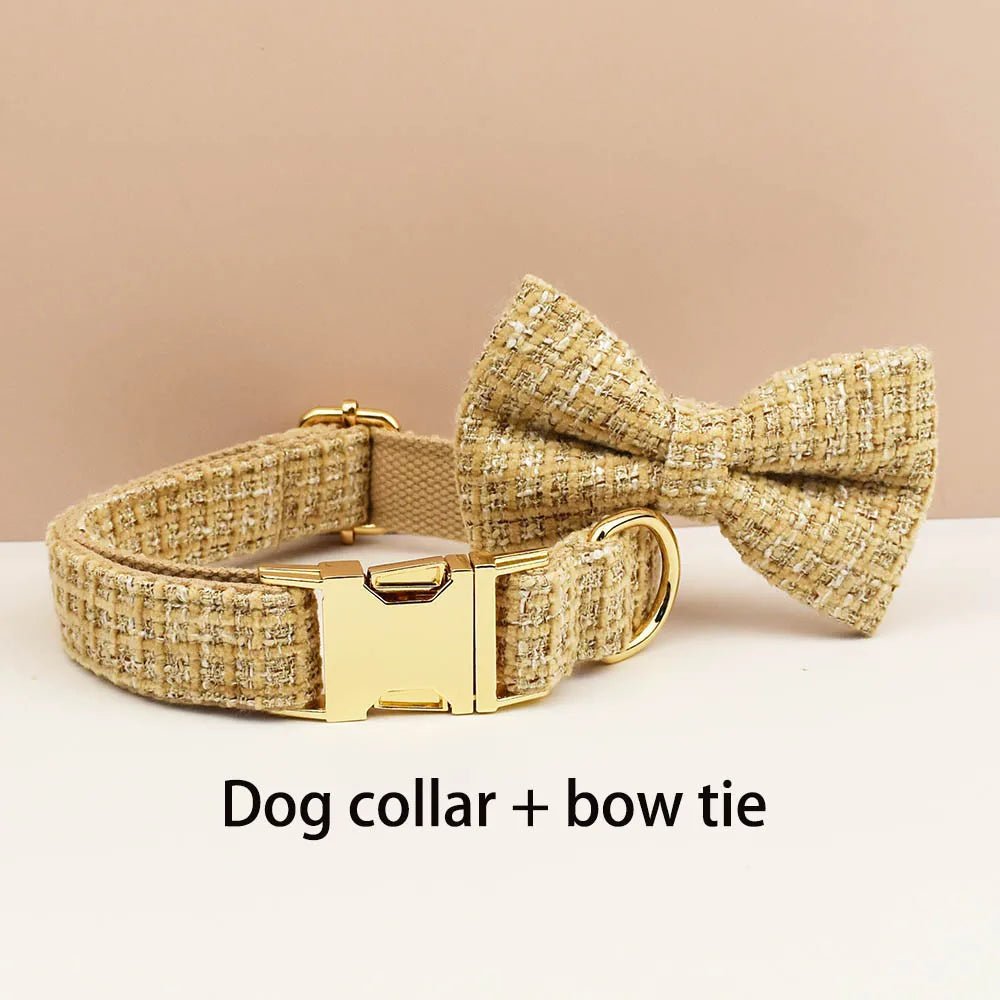 Petspuff Personalised Light Khaki Dog Collar, Harness & Lead Set – Engraved Nameplate & Bow