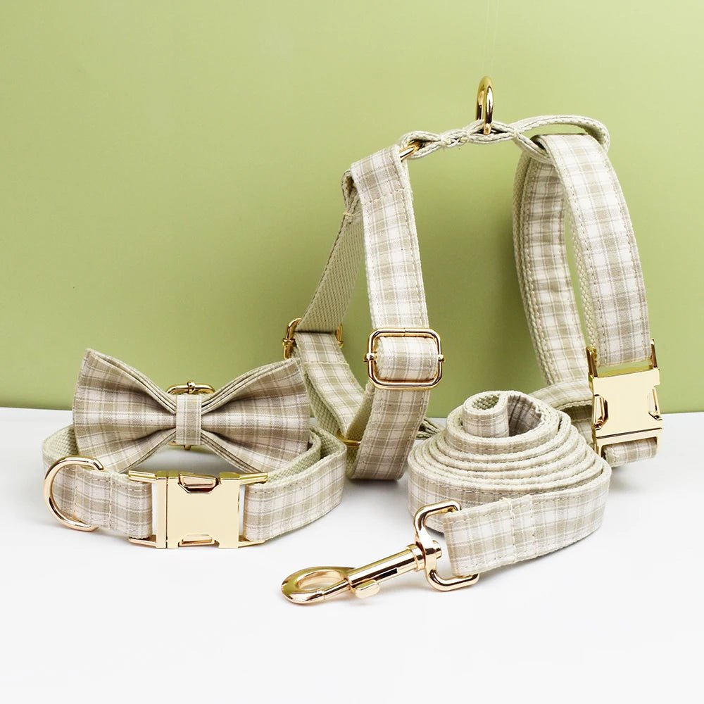 Petspuff Personalised Designer Plaid Dog Collar, Harness & Lead Set – Engraved Name Tag & Bow | Style 31