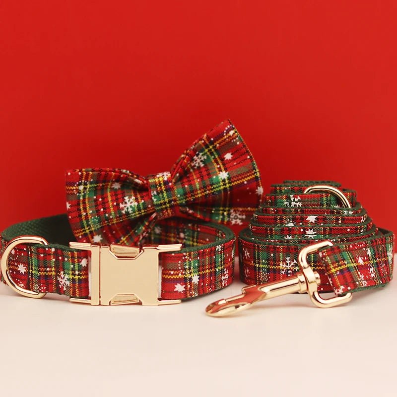 Petspuff Personalised Handmade Knitted Dog Collar, Harness & Lead Set – Engraved Name Tag | Christmas - Petspuff