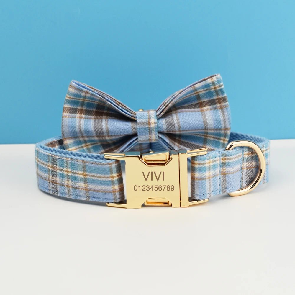 Petspuff Personalised Check Plaid Dog Collar & Lead Set – Engraved Name Tag, Bow & Harness