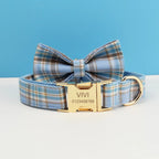 Petspuff Personalised Check Plaid Dog Collar & Lead Set – Engraved Name Tag, Bow & Harness