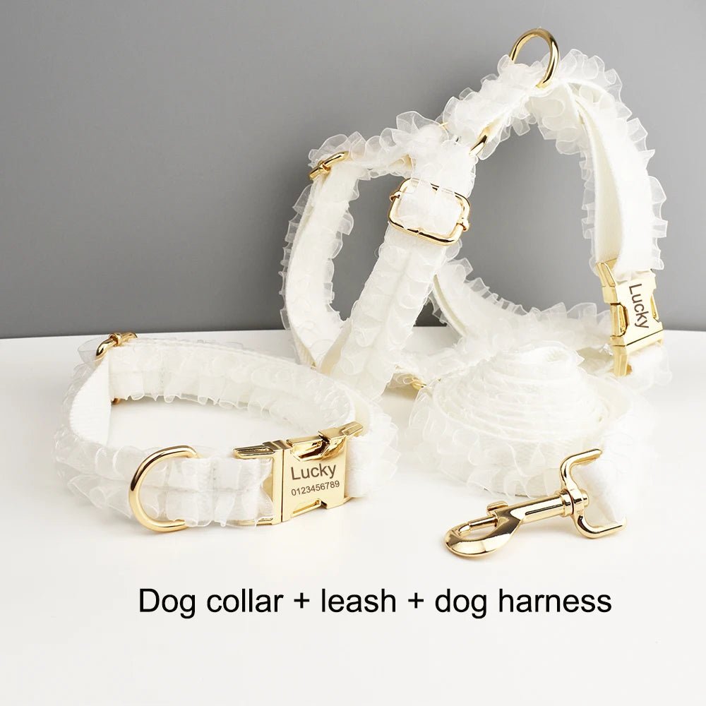 Petspuff Personalised White Lace Dog Collar, Harness & Lead – Engraved Name Tag | Wedding Dog