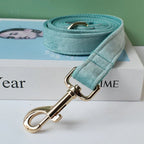 Petspuff Personalised Emerald Green Velvet Dog Collar & Lead with Bow – Engraved Name Tag | S–XL