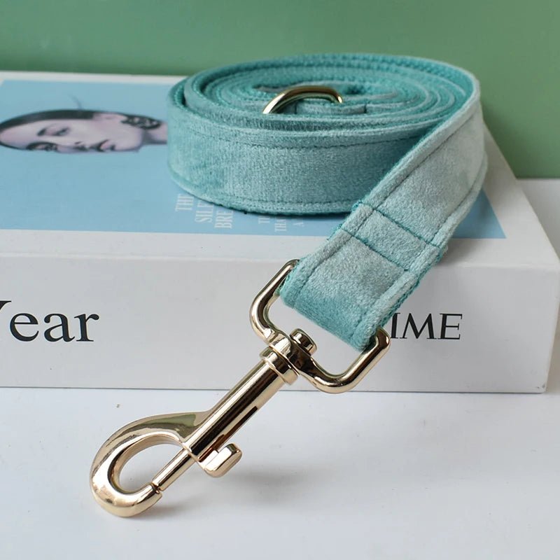 Petspuff Personalised Emerald Green Velvet Dog Collar & Lead with Bow – Engraved Name Tag | S–XL