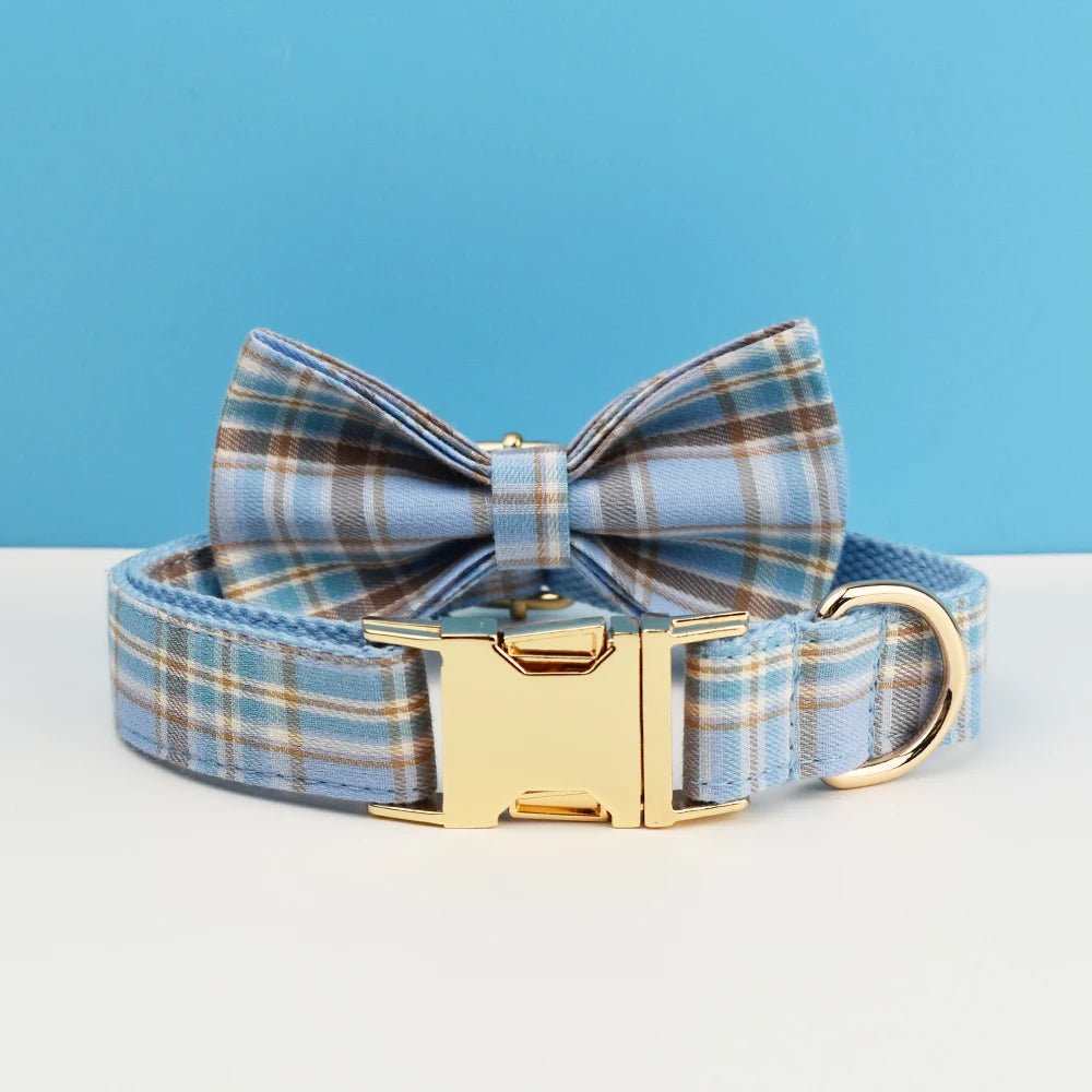 Petspuff Personalised Plaid Bow Dog Collar & Lead – Engraved Name Tag | 7 Designs, XS–XL - Petspuff