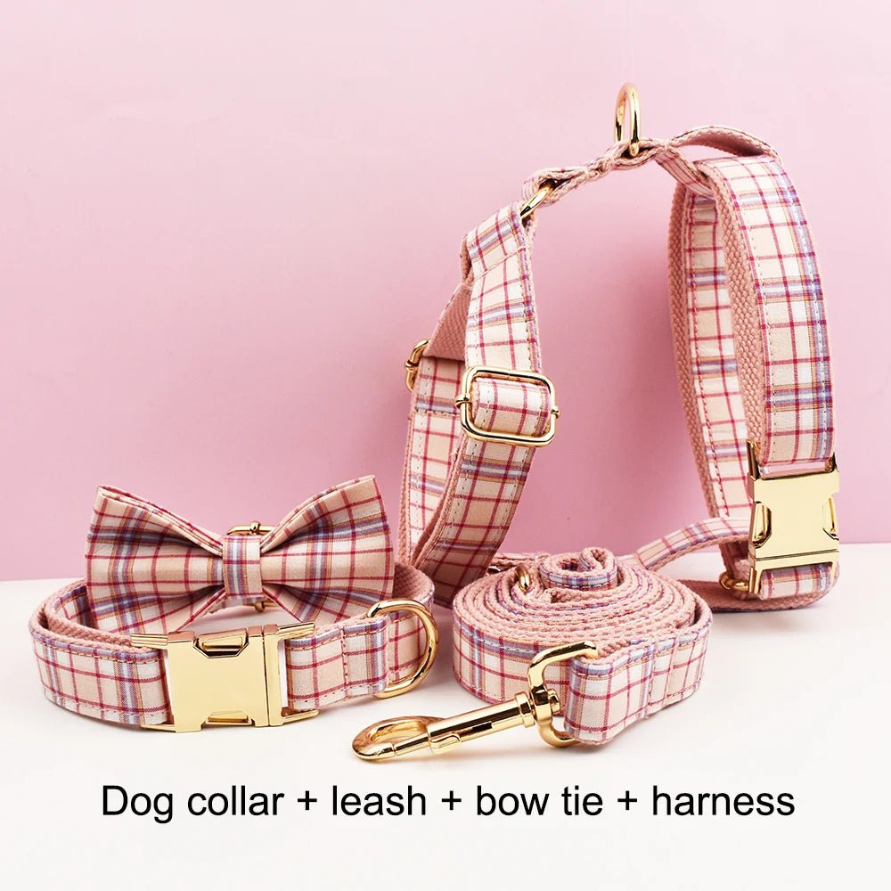 Petspuff Personalised Pink Plaid Dog Collar, Harness & Lead Set – Engraved Name Tag & Bow - Petspuff