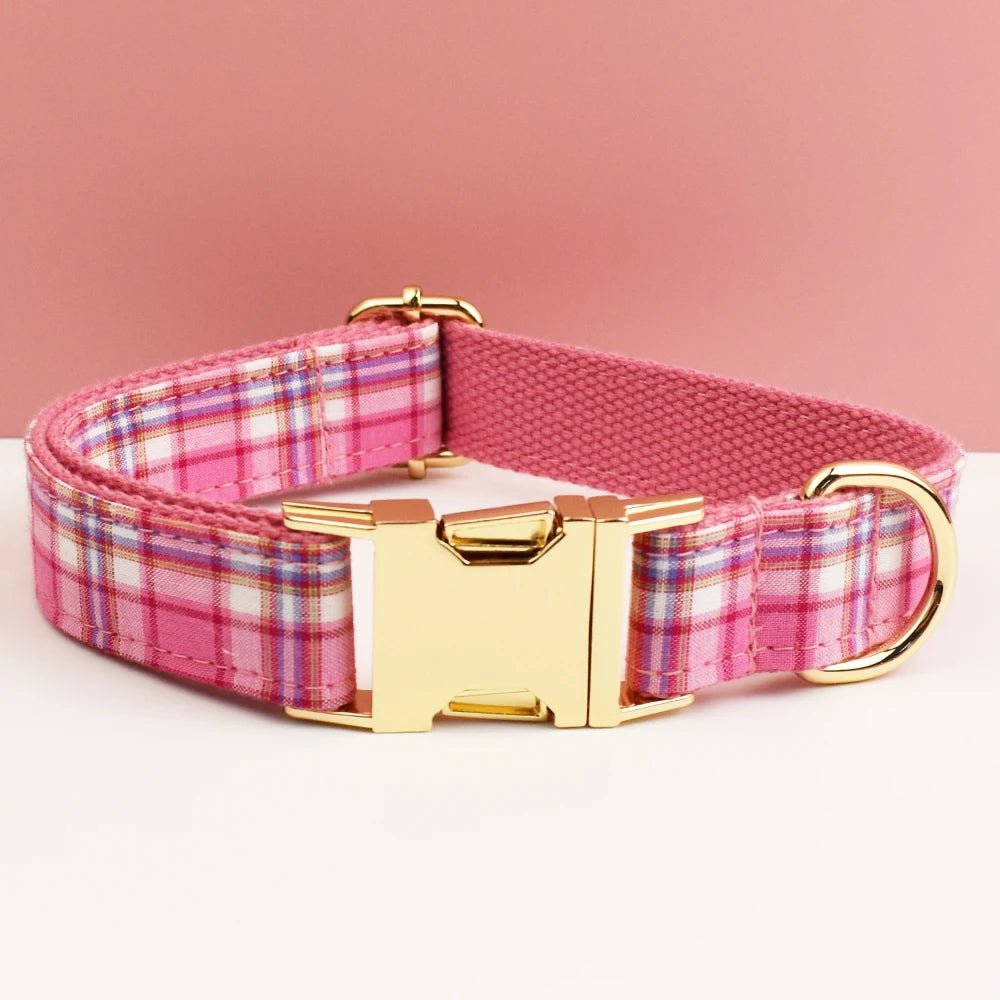 Petspuff Personalised Rose Pink Plaid Dog Collar, Harness & Lead Set – Engraved Name Tag