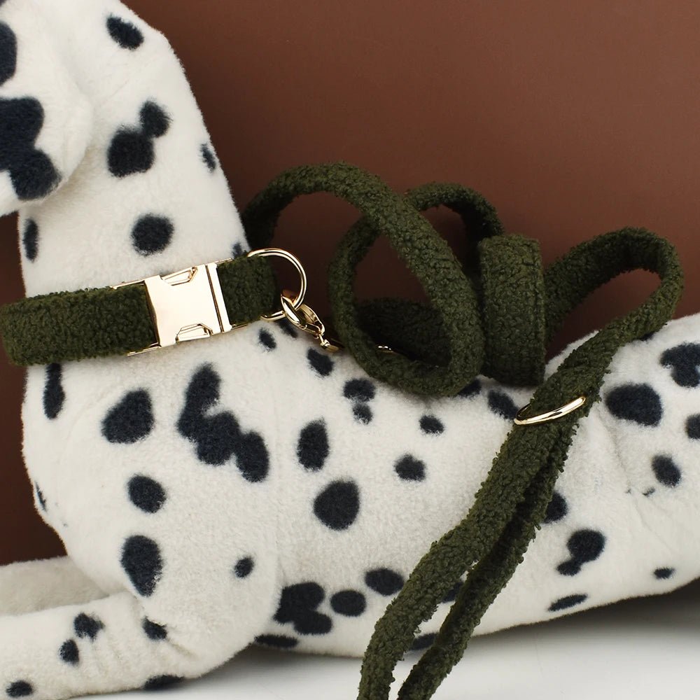 Petspuff Personalised Teddy Fleece Dog Collar & Lead Set – Engraved Name Tag, Harness | 4 Colours - Petspuff