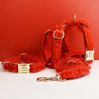 Petspuff Personalised Red Lace Wedding Dog Collar, Harness & Lead – Engraved Nameplate | 3-Piece Set