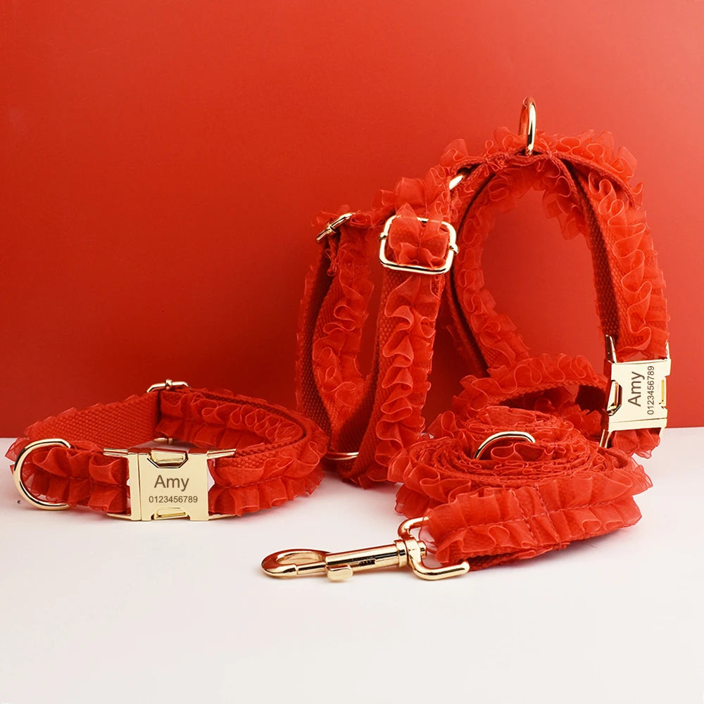 Petspuff Personalised Red Lace Wedding Dog Collar, Harness & Lead – Engraved Nameplate | 3-Piece Set