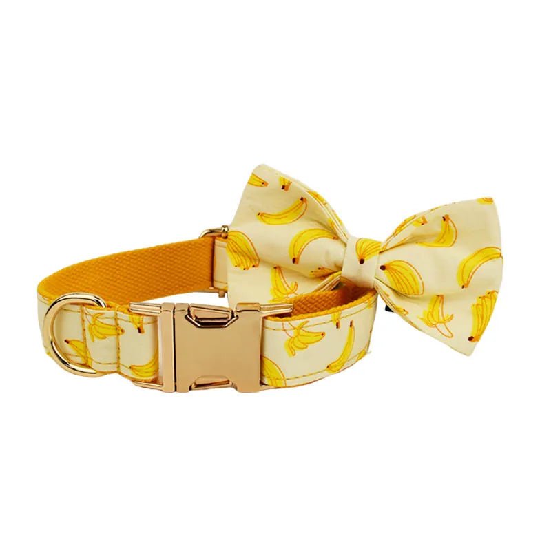Petspuff Personalised Banana Print Dog Collar, Harness & Lead Set – Engraved Name Tag & Bow