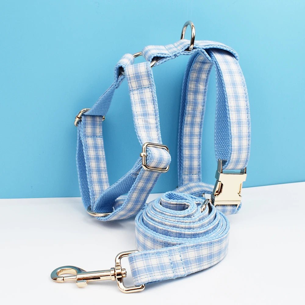 Petspuff Personalised Plaid Dog Collar, Harness & Lead Set – Engraved Name Tag & Bow | Style 29