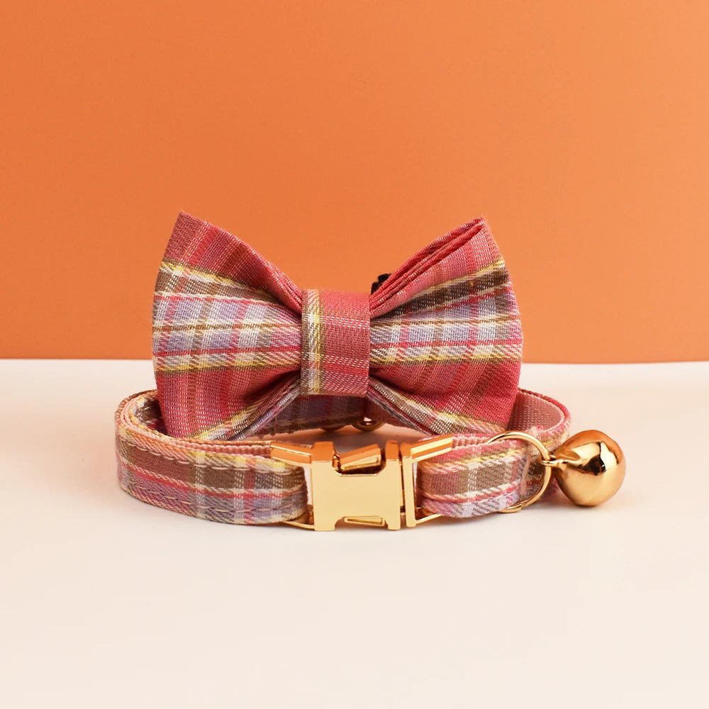Petspuff Personalised Plaid Cat Collar with Bow Tie – Adjustable Safety Buckle & Name Tag