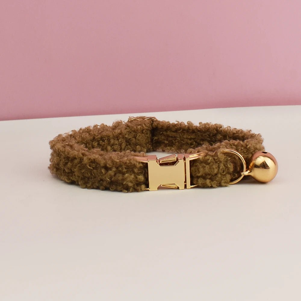 Petspuff Personalised Teddy Fleece Cat Collar with Bell & Bow Tie – Engraved Name Tag