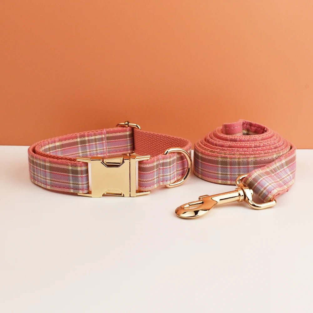 Petspuff Personalised Plaid Dog Collar & Lead Set – Engraved Name Tag, Bow & Harness Options
