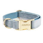 Petspuff Personalised Nordic Blue Velvet Dog Collar & Lead Set – Engraved Name Tag, Bow & Harness