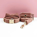 Petspuff Personalised Dusty Pink Velvet Dog Collar & Lead Set – Engraved Name Tag, Bow & Harness