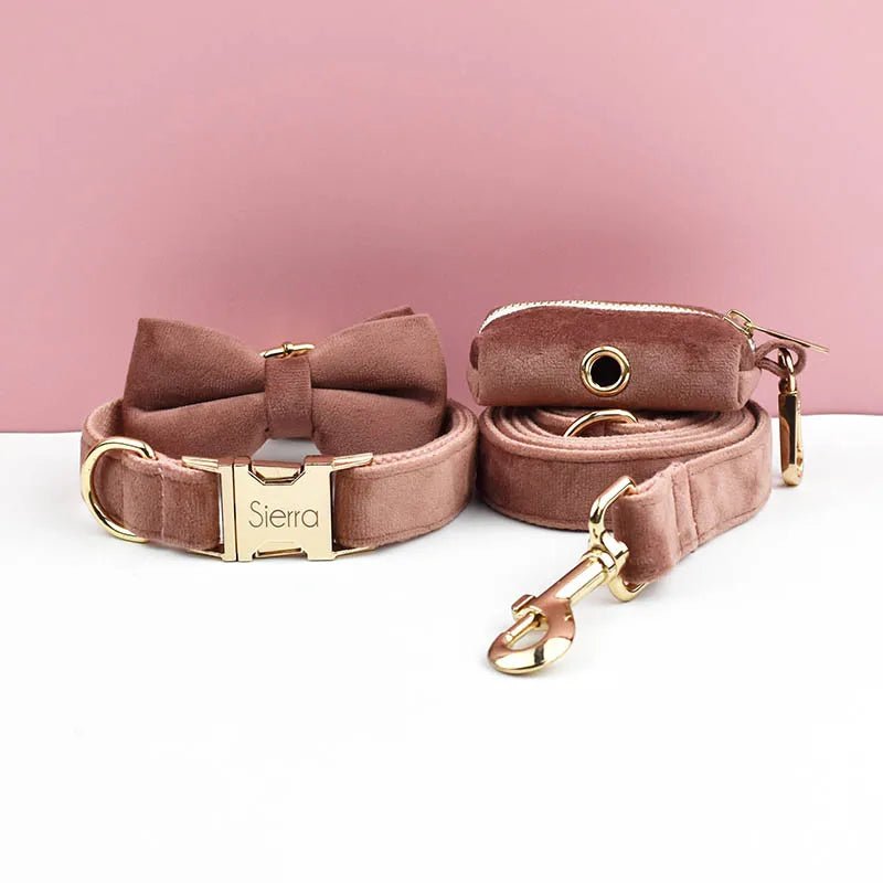 Petspuff Personalised Dusty Pink Velvet Dog Collar & Lead Set – Engraved Name Tag, Bow & Harness