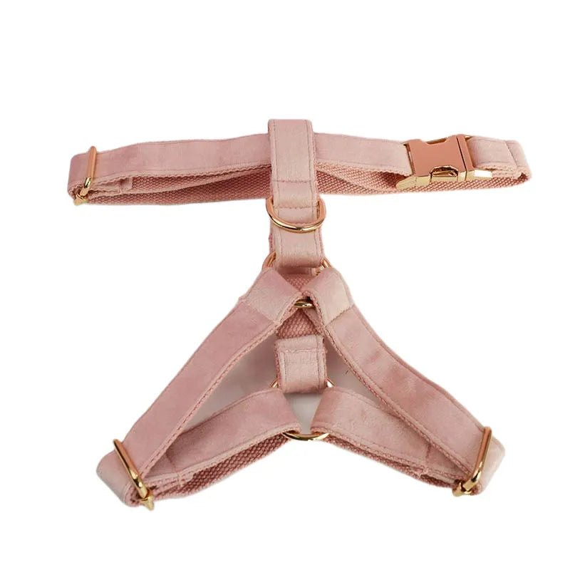 Petspuff Personalised Pale Pink Velvet Dog Collar & Lead Set – Engraved Name Tag, Bow & Harness