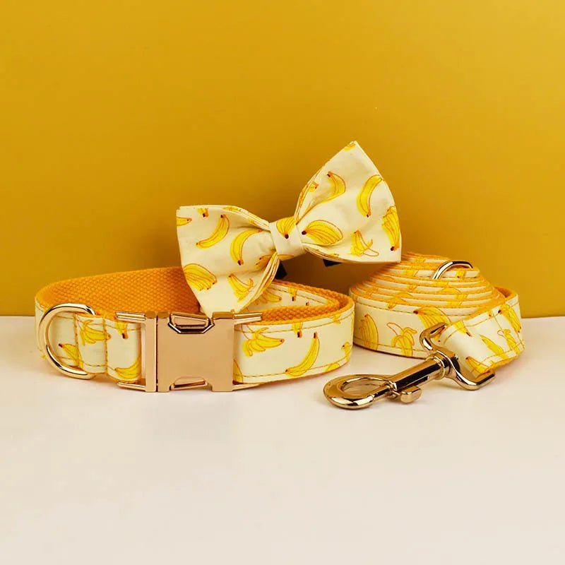 Petspuff Personalised Banana Print Dog Collar, Harness & Lead Set – Engraved Name Tag & Bow