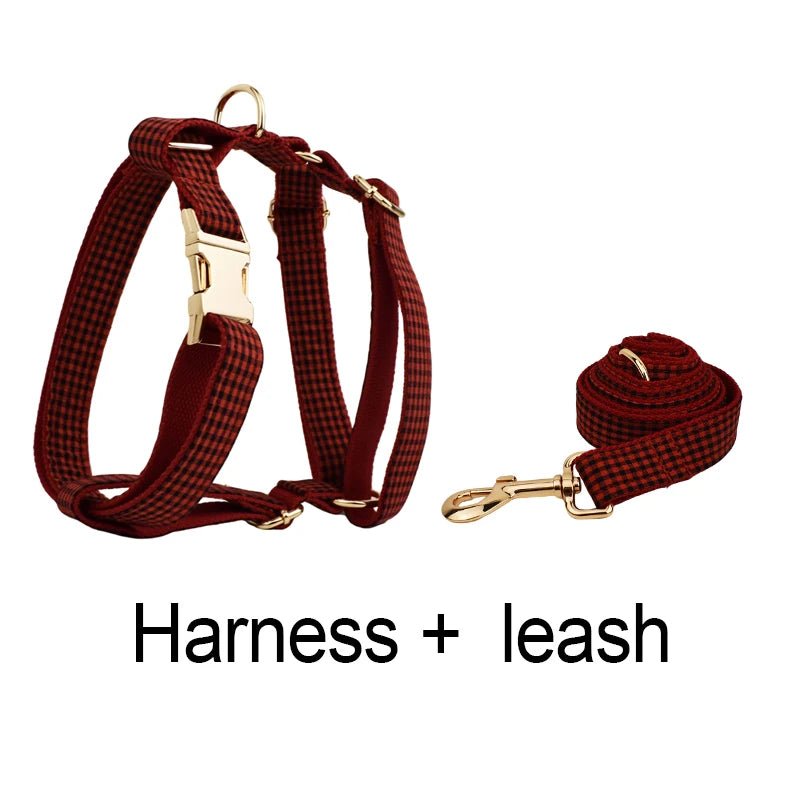 Petspuff Personalised Grey Check Dog Collar & Lead Set – Engraved Name Tag, Bow & Harness - Petspuff