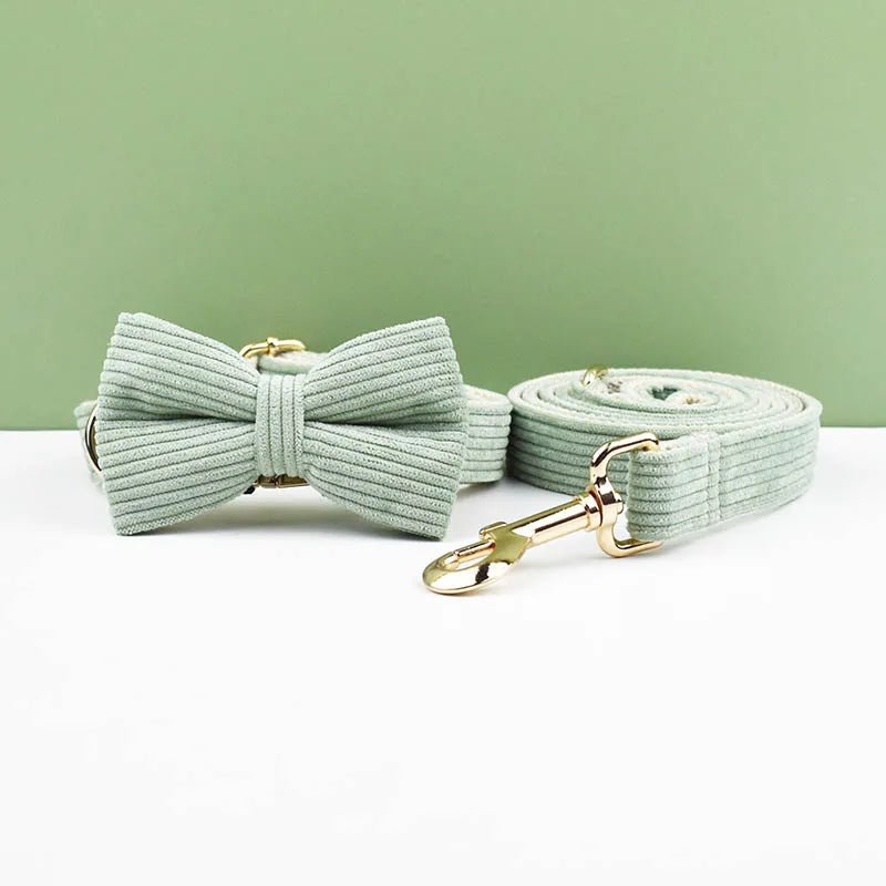 Petspuff Personalised Light Green Corduroy Dog Collar & Lead Set – Engraved Name Tag, Bow & Harness