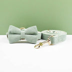 Petspuff Personalised Light Green Corduroy Dog Collar & Lead Set – Engraved Name Tag, Bow & Harness