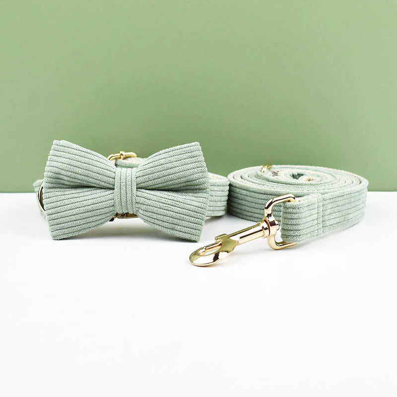 Petspuff Personalised Light Green Corduroy Dog Collar & Lead Set – Engraved Name Tag, Bow & Harness