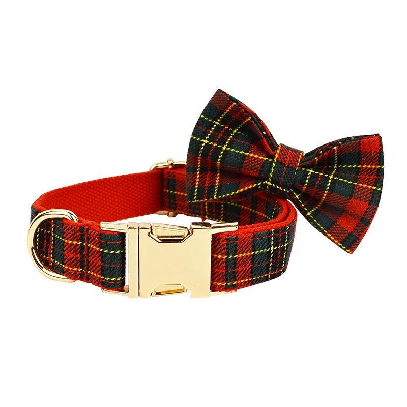 Petspuff Personalised Red Check Christmas Dog Collar & Lead Set – Engraved Name Tag & Bow