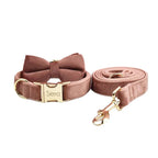 Petspuff Personalised Dusty Pink Velvet Dog Collar & Lead Set – Engraved Name Tag, Bow & Harness