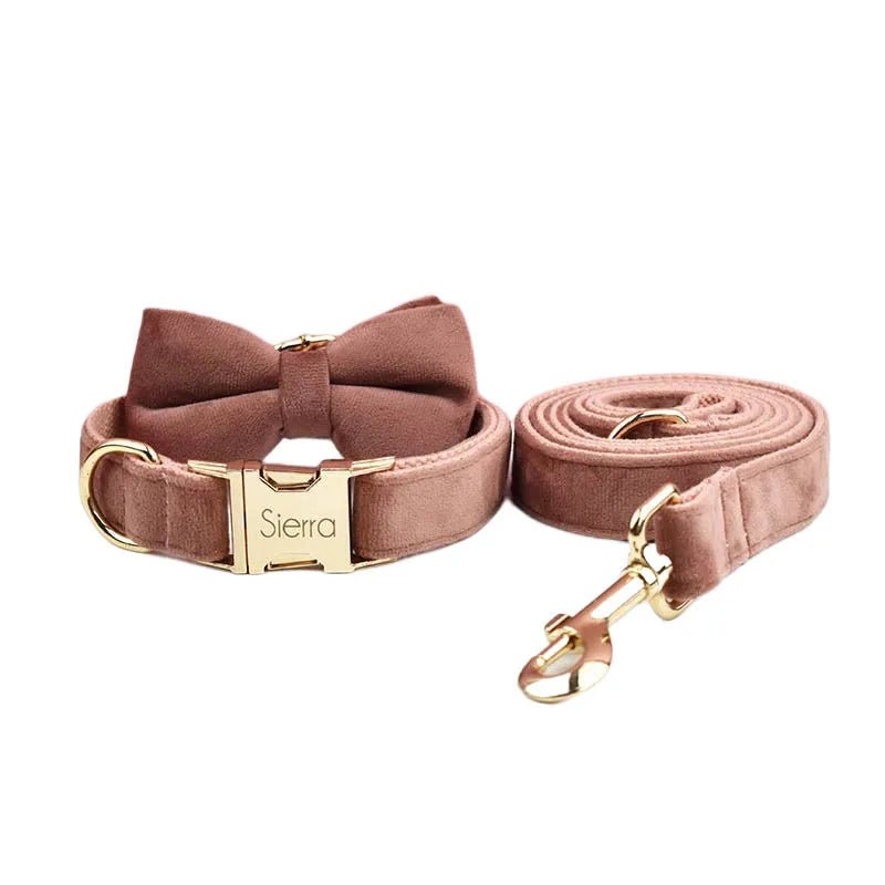 Petspuff Personalised Dusty Pink Velvet Dog Collar & Lead Set – Engraved Name Tag, Bow & Harness