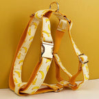 Petspuff Personalised Banana Print Dog Collar, Harness & Lead Set – Engraved Name Tag & Bow