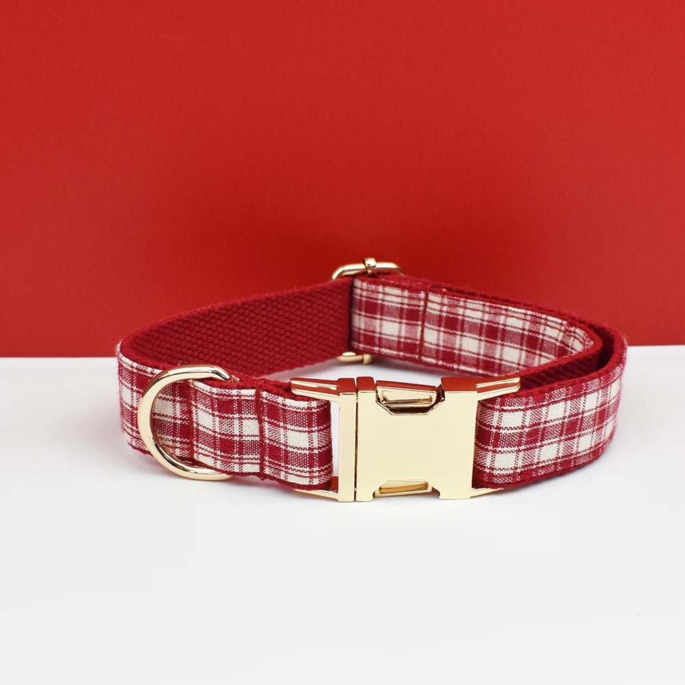 Petspuff Personalised Red Plaid Dog Collar, Harness & Lead Set – Engraved Name Tag & Bow | Style 28