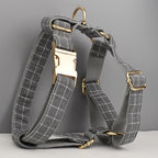 Petspuff Personalised Grey Check Dog Collar, Harness & Lead Set – Engraved Name Tag, Bow & Poop Bag Holder
