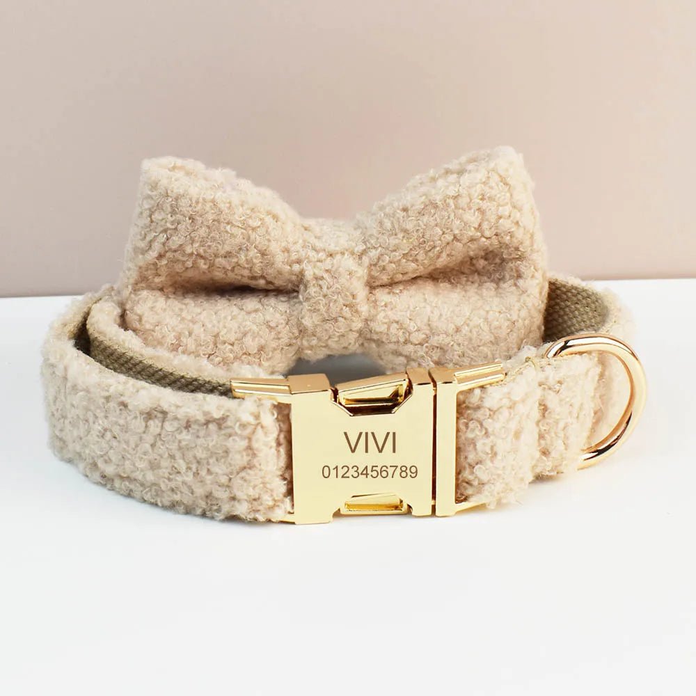 Petspuff Personalised Teddy Velvet Dog Collar & Lead Set – Engraved Name Tag, Bow & Harness