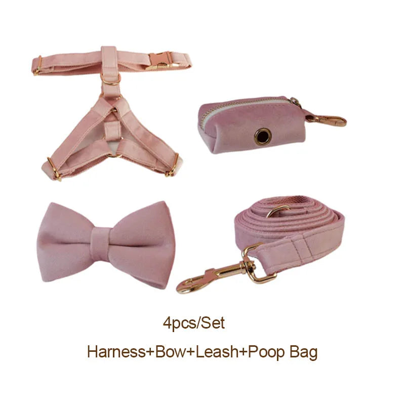 Petspuff Personalised Pale Pink Velvet Dog Collar & Lead Set – Engraved Name Tag, Bow & Harness
