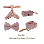 Petspuff Personalised Pale Pink Velvet Dog Collar & Lead Set – Engraved Name Tag, Bow & Harness