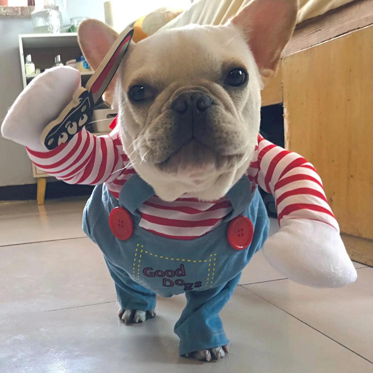 Petspuff Killer Doll Halloween Costume – Striped Dungarees with Toy Knife | Small Dogs & Cats