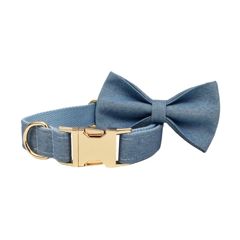 Petspuff Personalised Blue Denim Cotton Dog Collar, Harness & Lead Set – Engraved Name Tag & Bow