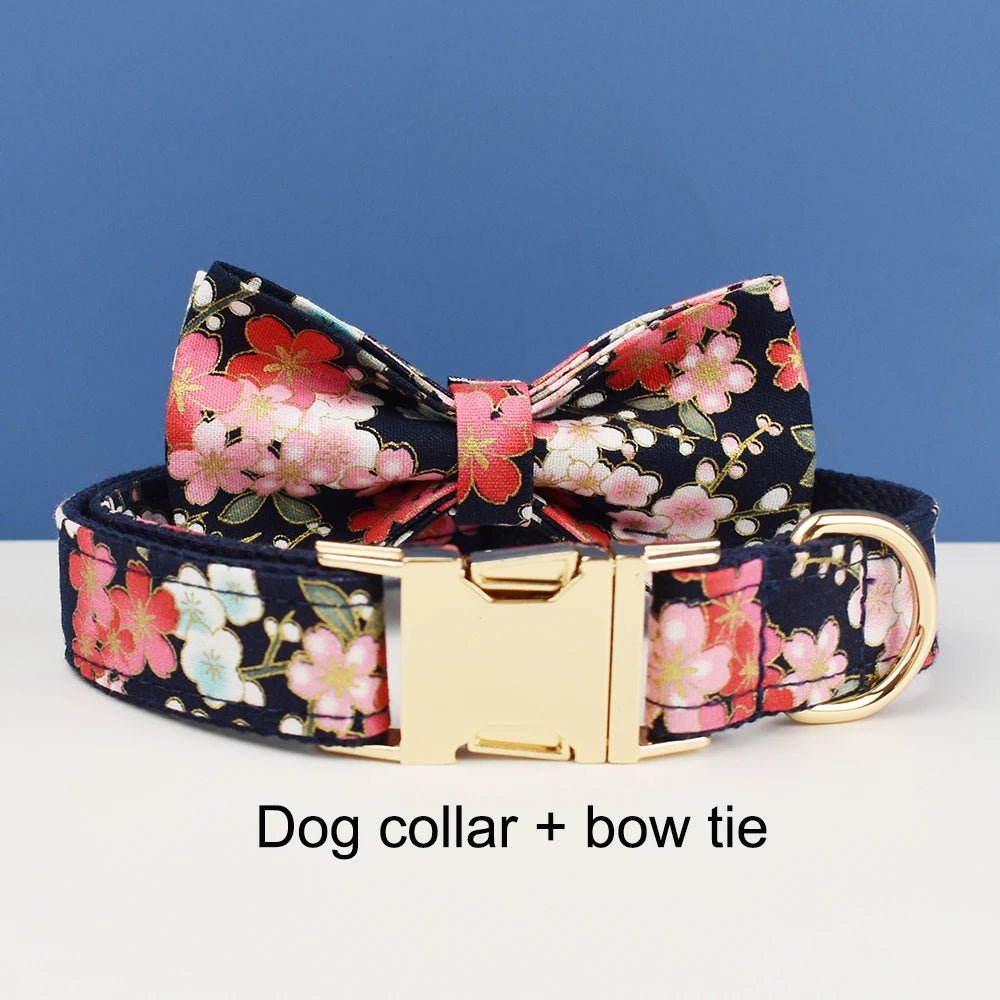 Petspuff Personalised Floral Cotton Dog Collar, Harness & Lead Set – Engraved Name Tag & Bow | Style 03